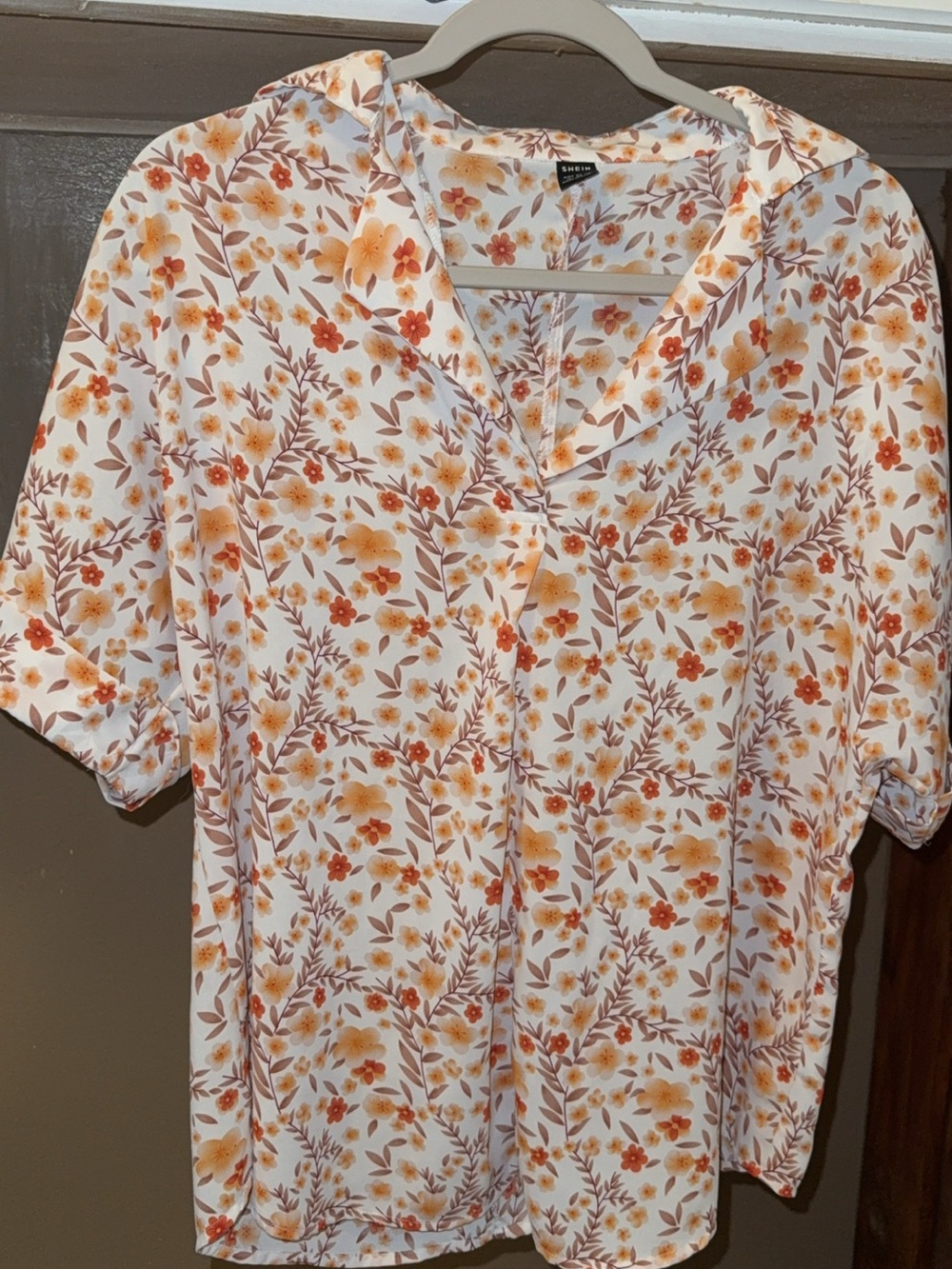 SHEIN White Floral Print Top with Orange and Brown Flowers
